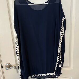 Navy Sheer Pom-Pom Trim Cover-Up